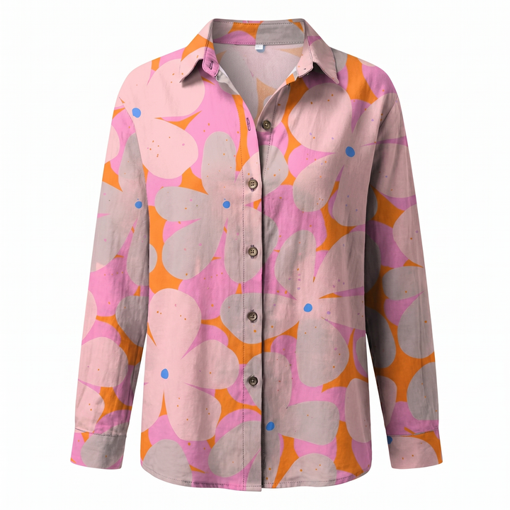 Women's Abstract Print Blouse — Split V-Neck Button-Front Roll-Up Sleeve Top