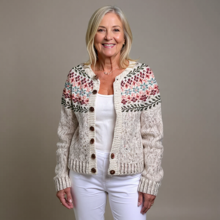 Women's pale grey Fair Isle cardigan with long sleeves and button front