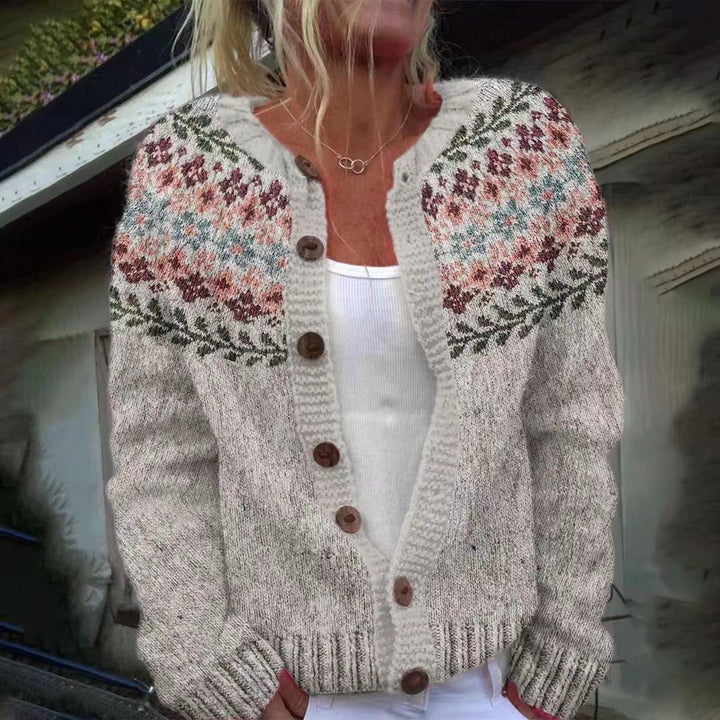 Women's pale grey Fair Isle cardigan with long sleeves and button front