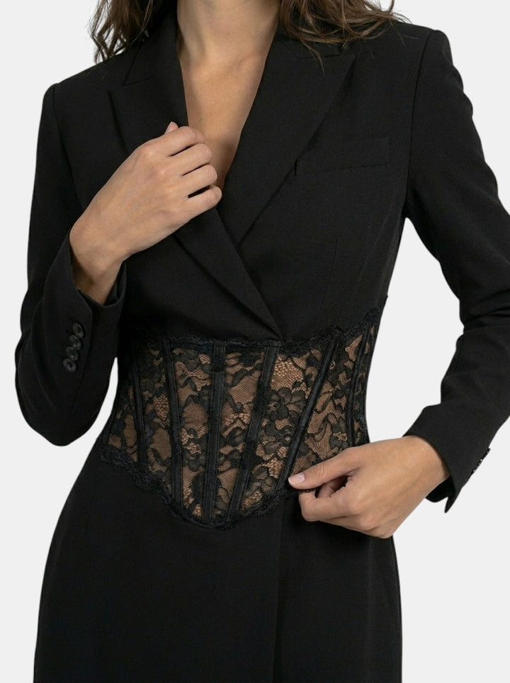 Women's blazer-style mini dress with lace corset waist