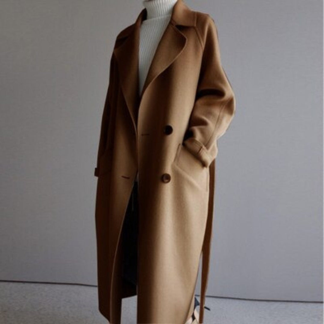 Women's long double-breasted belted coat with notch lapels