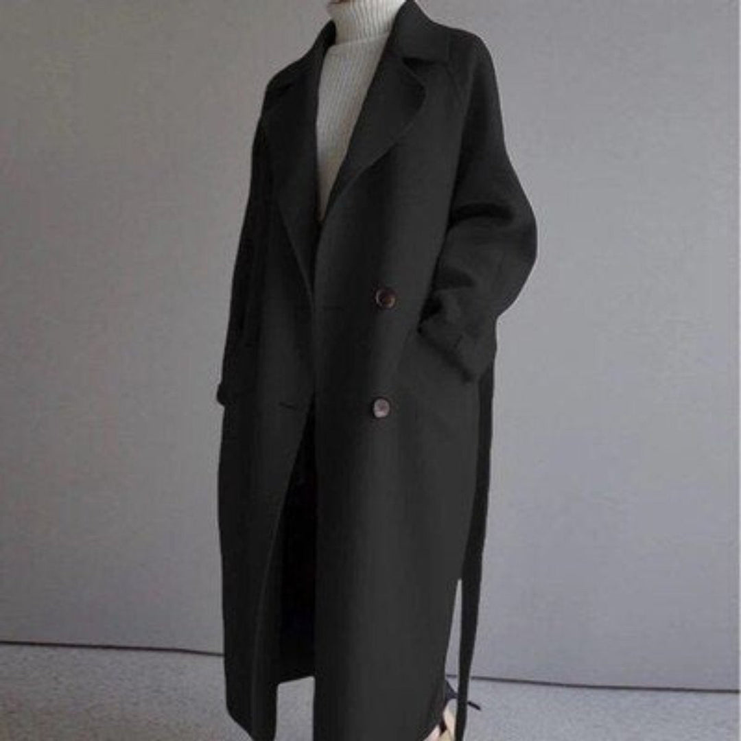 Women's long double-breasted belted coat with notch lapels