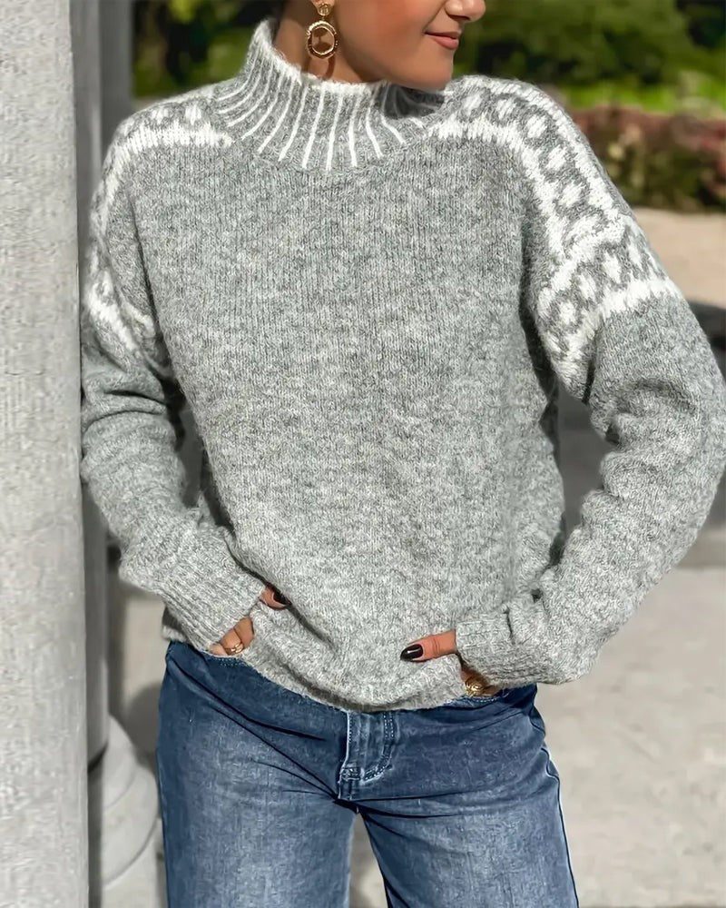 Women's mock-neck sweater with fair isle patterned yoke and long sleeves