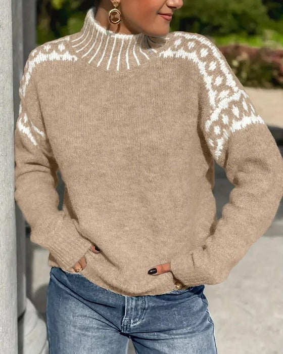 Women's mock-neck sweater with fair isle patterned yoke and long sleeves