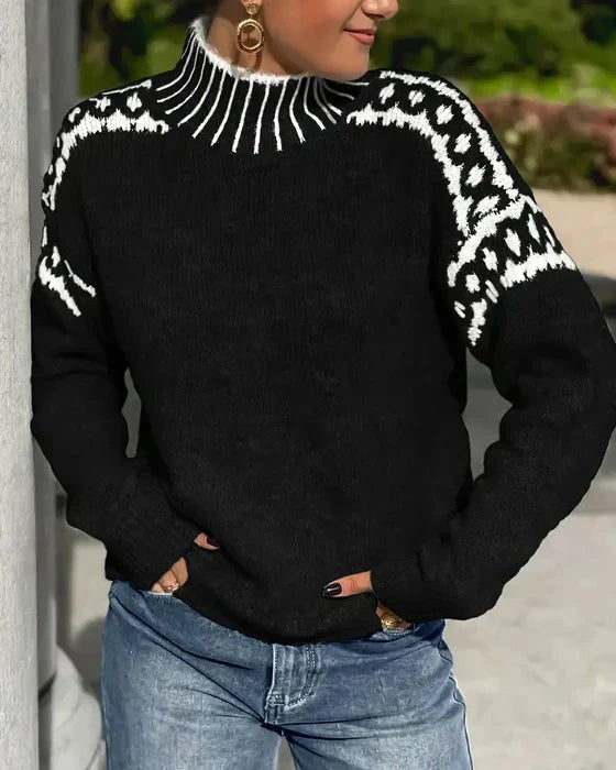 Women's mock-neck sweater with fair isle patterned yoke and long sleeves