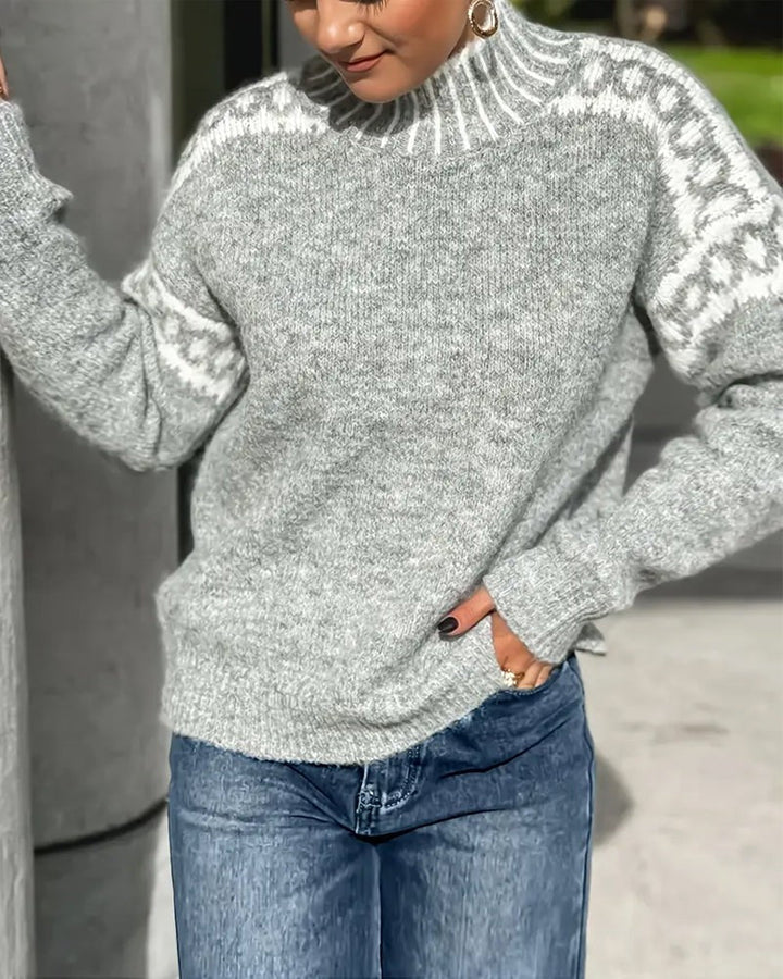 Women's mock-neck sweater with fair isle patterned yoke and long sleeves