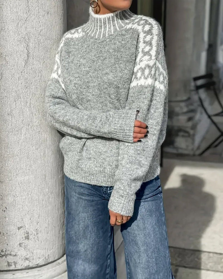 Women's mock-neck sweater with fair isle patterned yoke and long sleeves