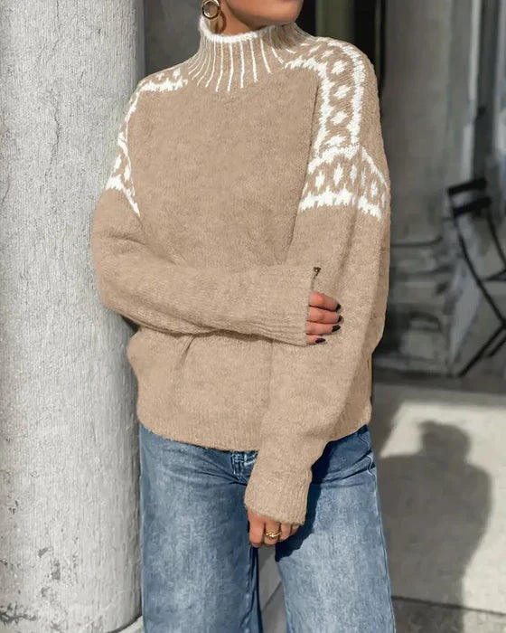 Women's mock-neck sweater with fair isle patterned yoke and long sleeves