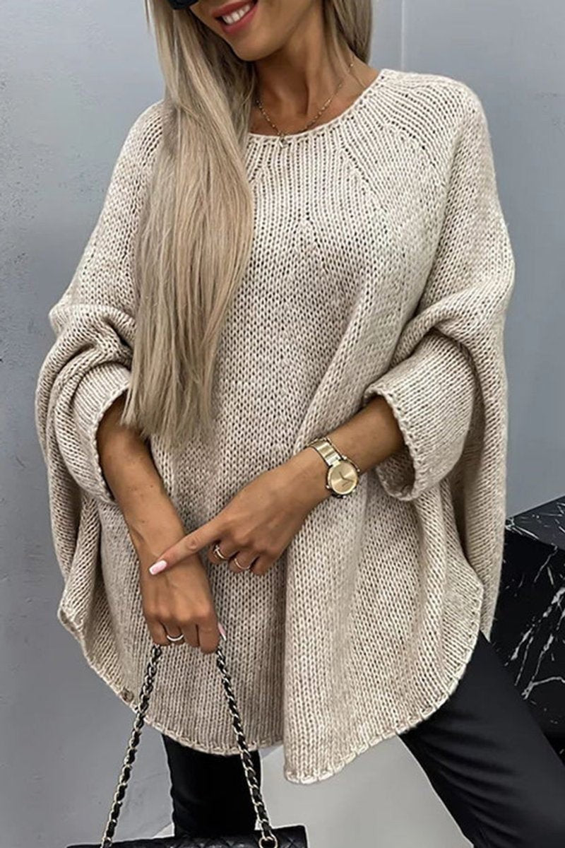 Women's oversized textured sweater with crew neckline and batwing sleeves