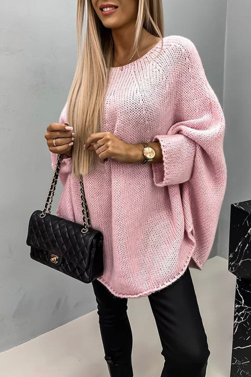 Women's oversized textured sweater with crew neckline and batwing sleeves