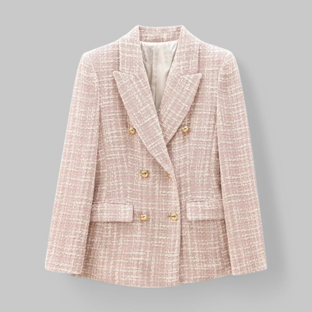 Women's pink textured double-breasted blazer with notched lapels and flap pockets