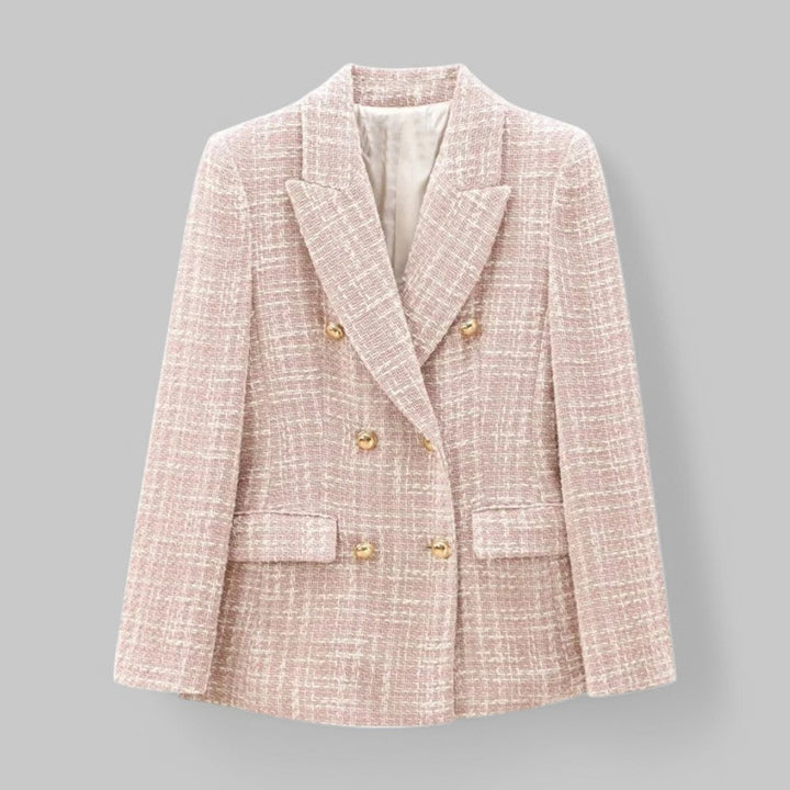 Women's pink textured double-breasted blazer with notched lapels and flap pockets