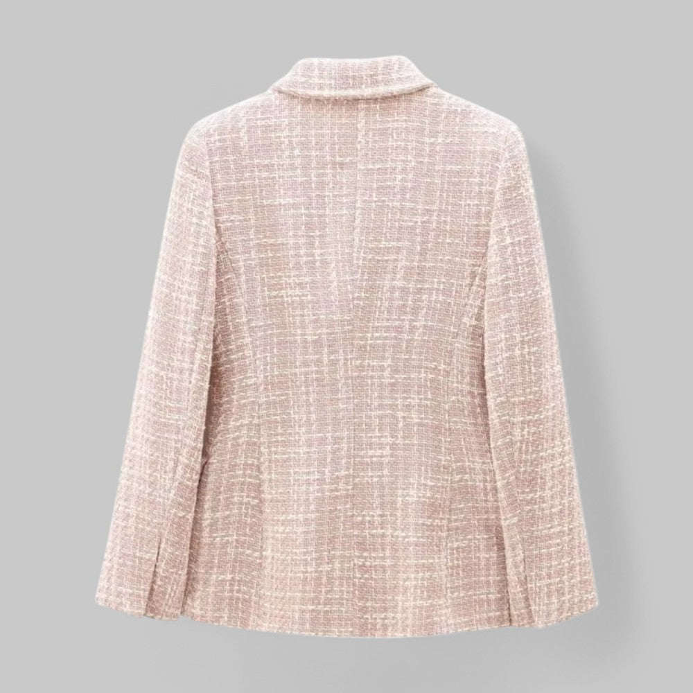 Women's pink textured double-breasted blazer with notched lapels and flap pockets