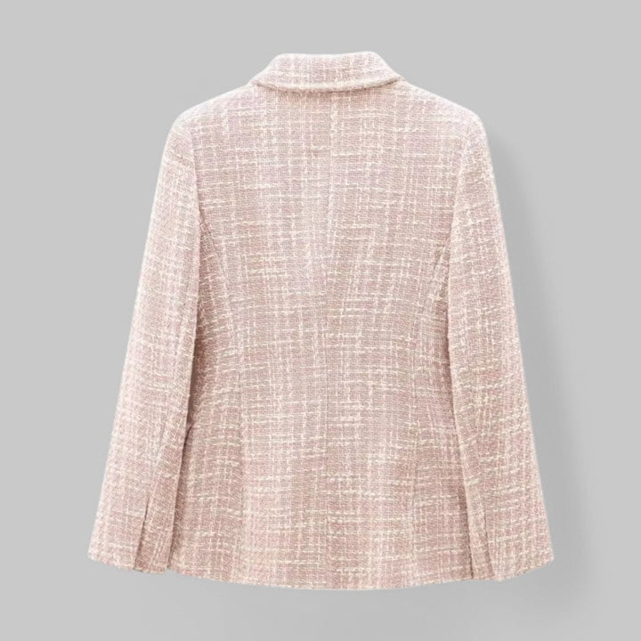 Women's pink textured double-breasted blazer with notched lapels and flap pockets