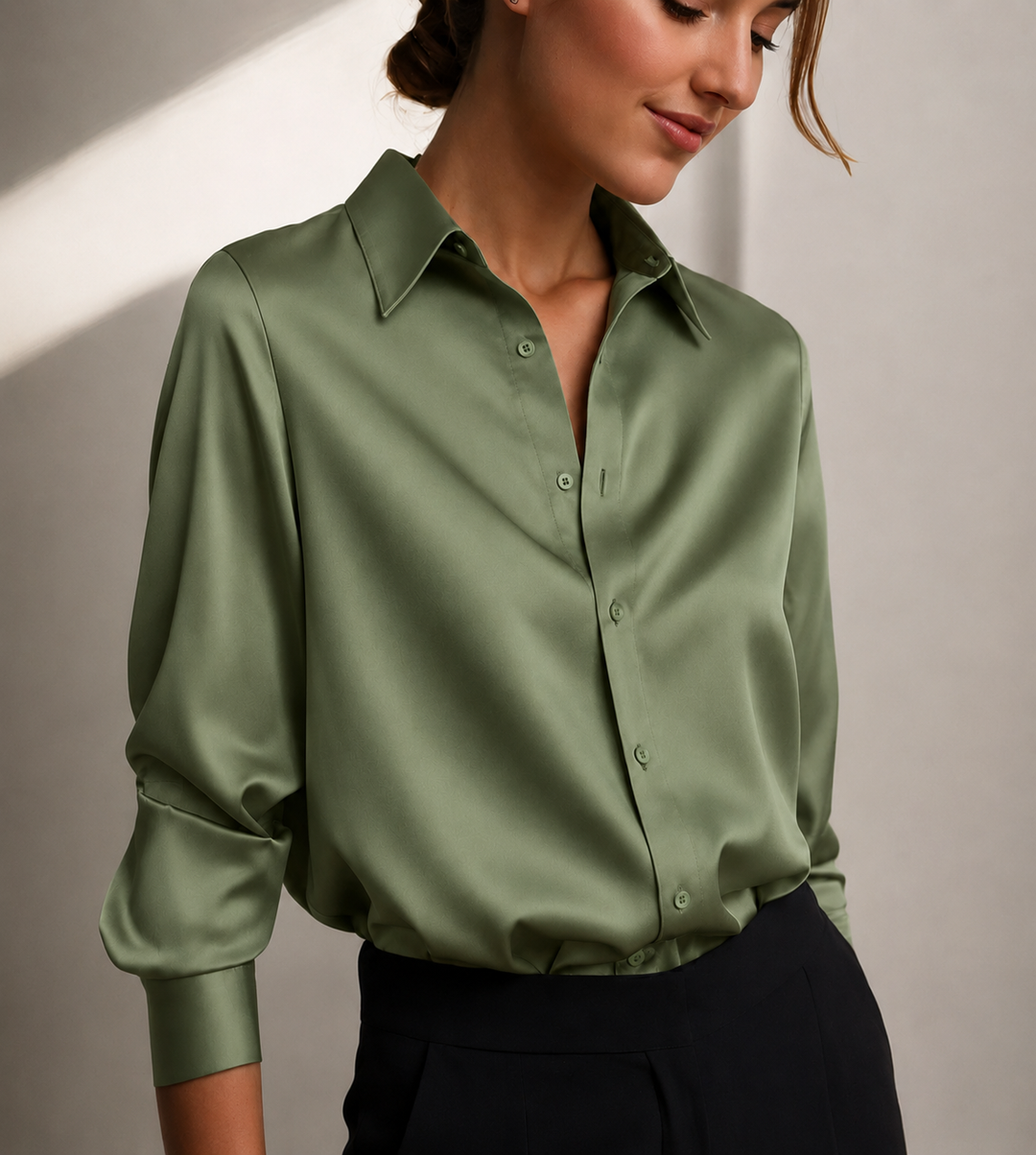 Women's relaxed long-sleeve collared blouse with button front and buttoned cuffs