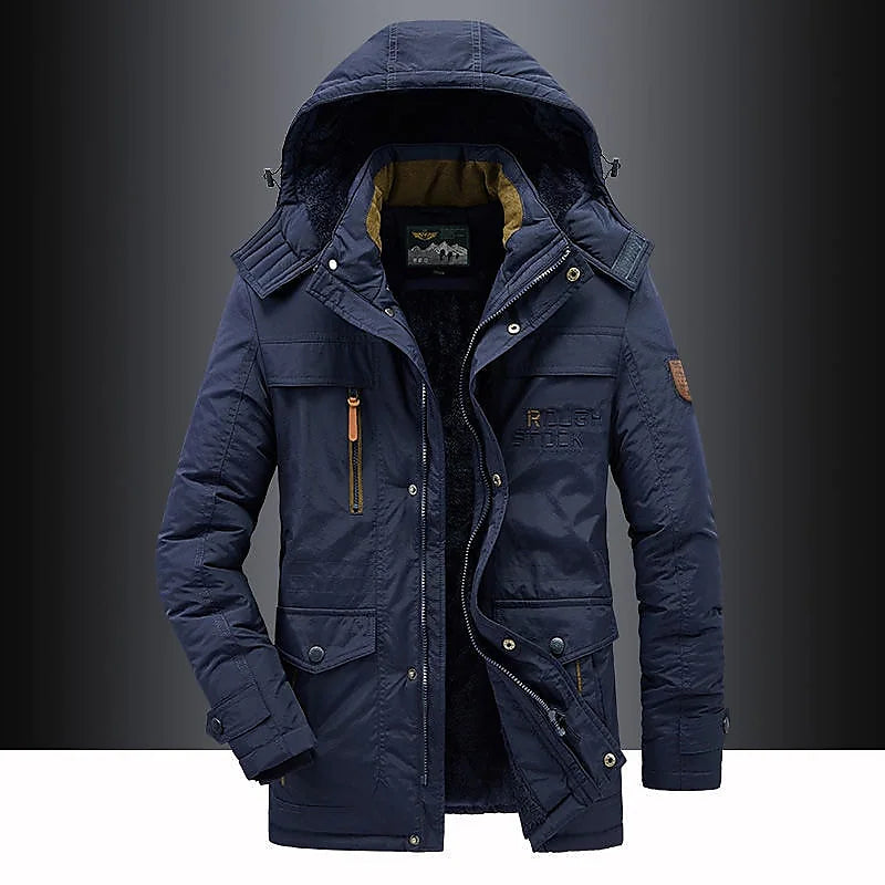 Men's hooded mid-length parka with zip front and multiple utility pockets