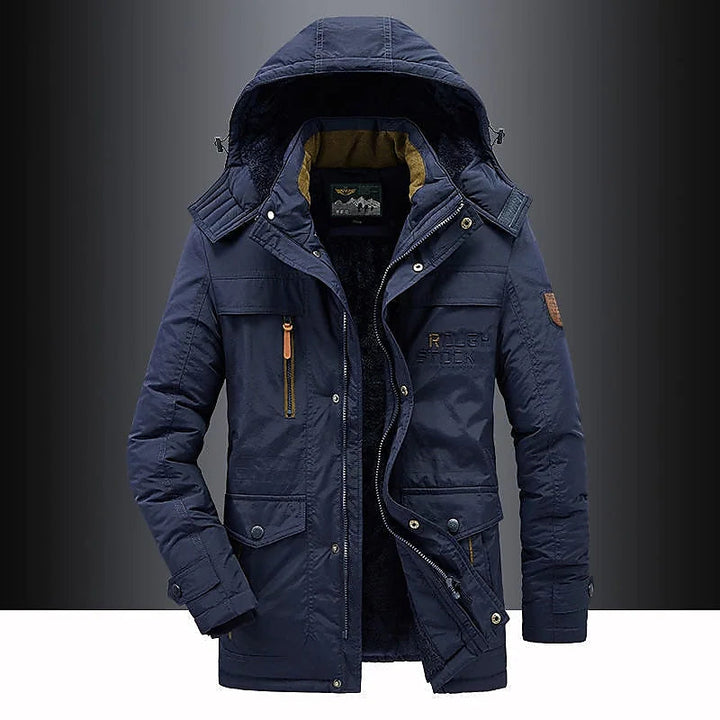 Men's hooded mid-length parka with zip front and multiple utility pockets