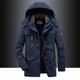 Men's hooded mid-length parka with zip front and multiple utility pockets