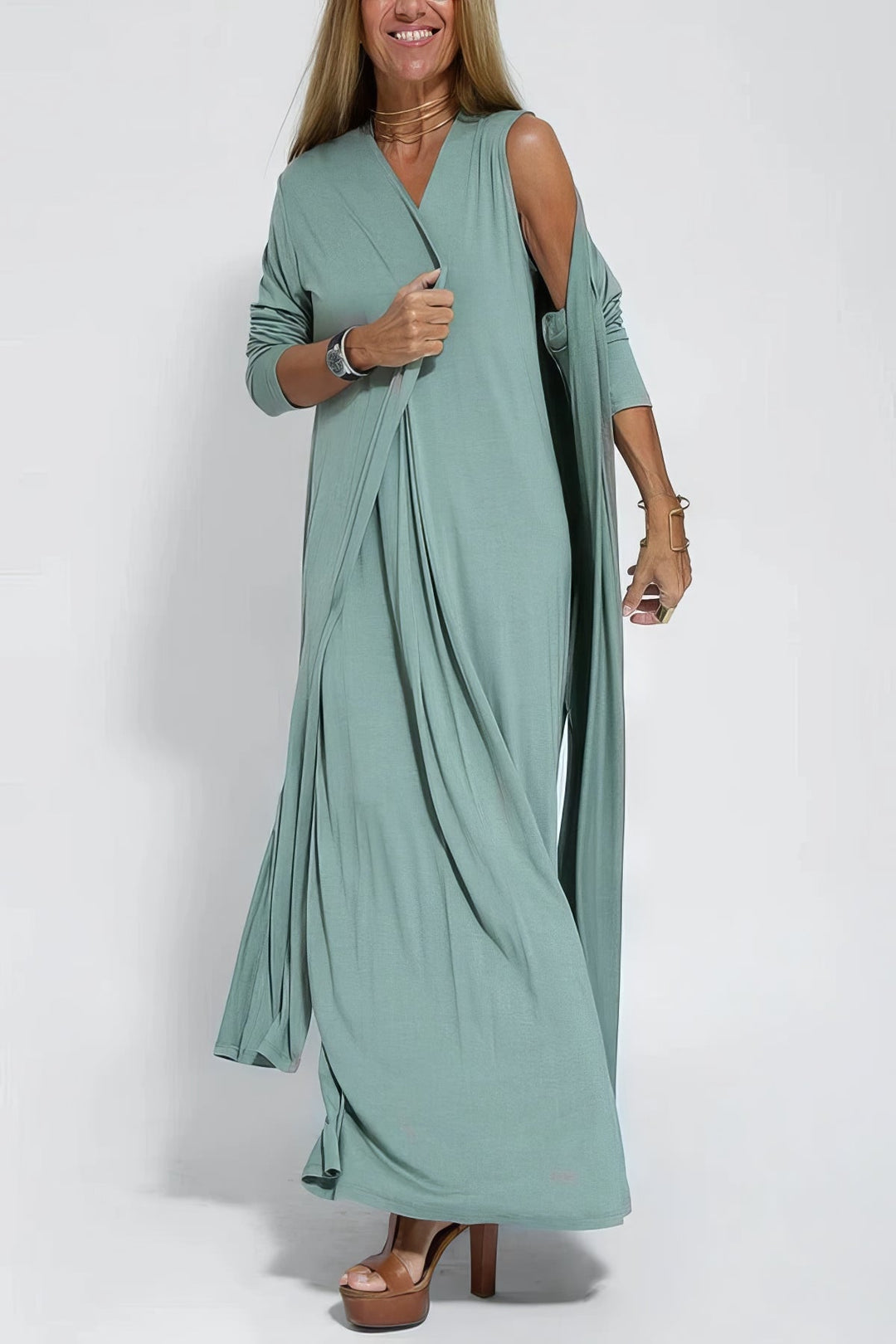 Women's V-neck maxi dress and cardigan set