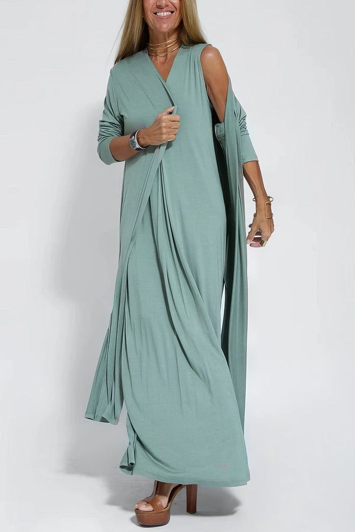 Women's V-neck maxi dress and cardigan set