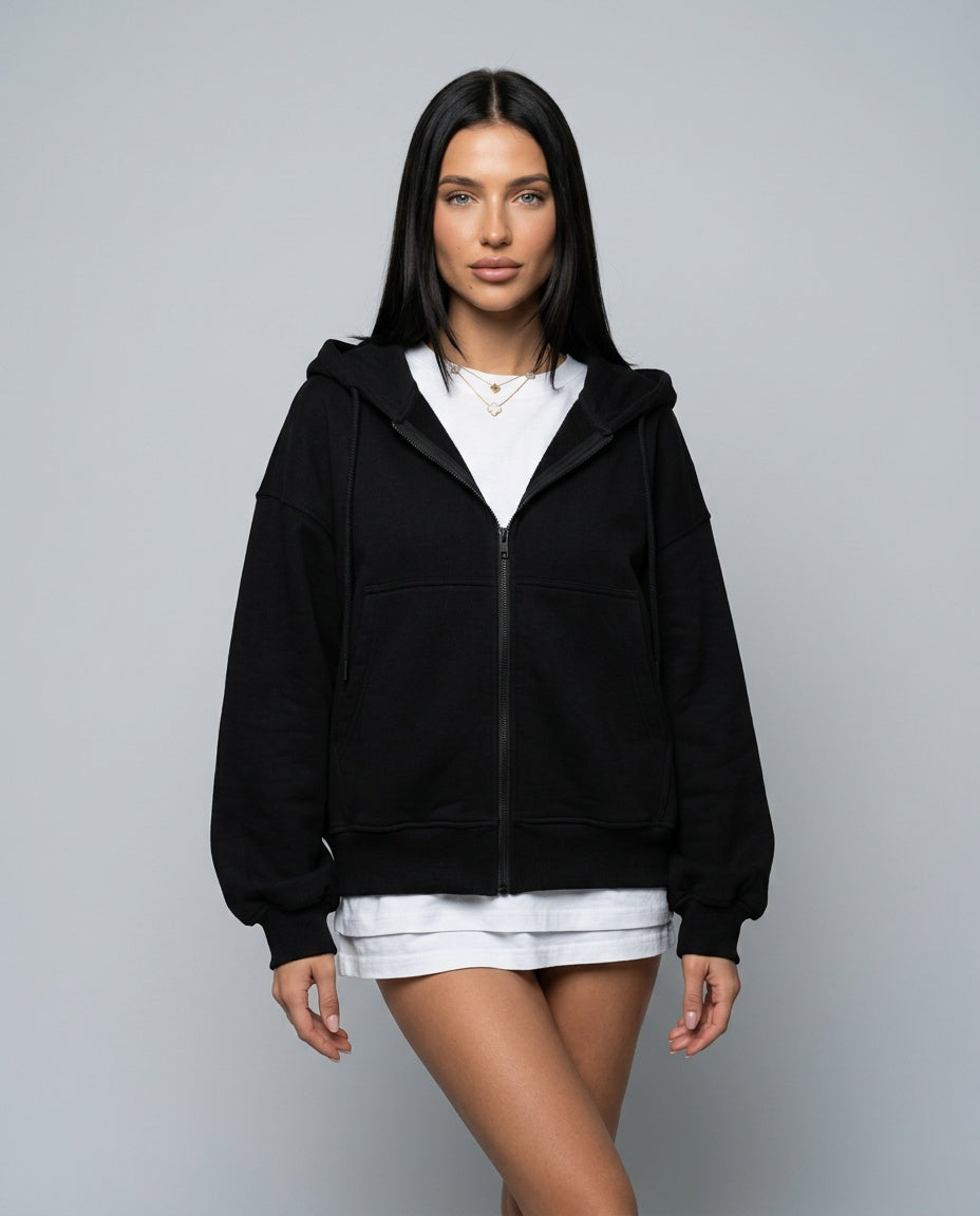 Women's cropped zip-up hoodie with hood, long sleeves and front pockets
