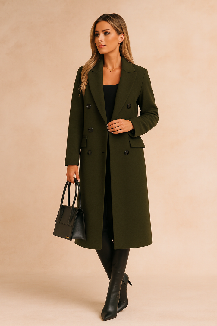 Women's double-breasted long coat with notched lapels and flap pockets