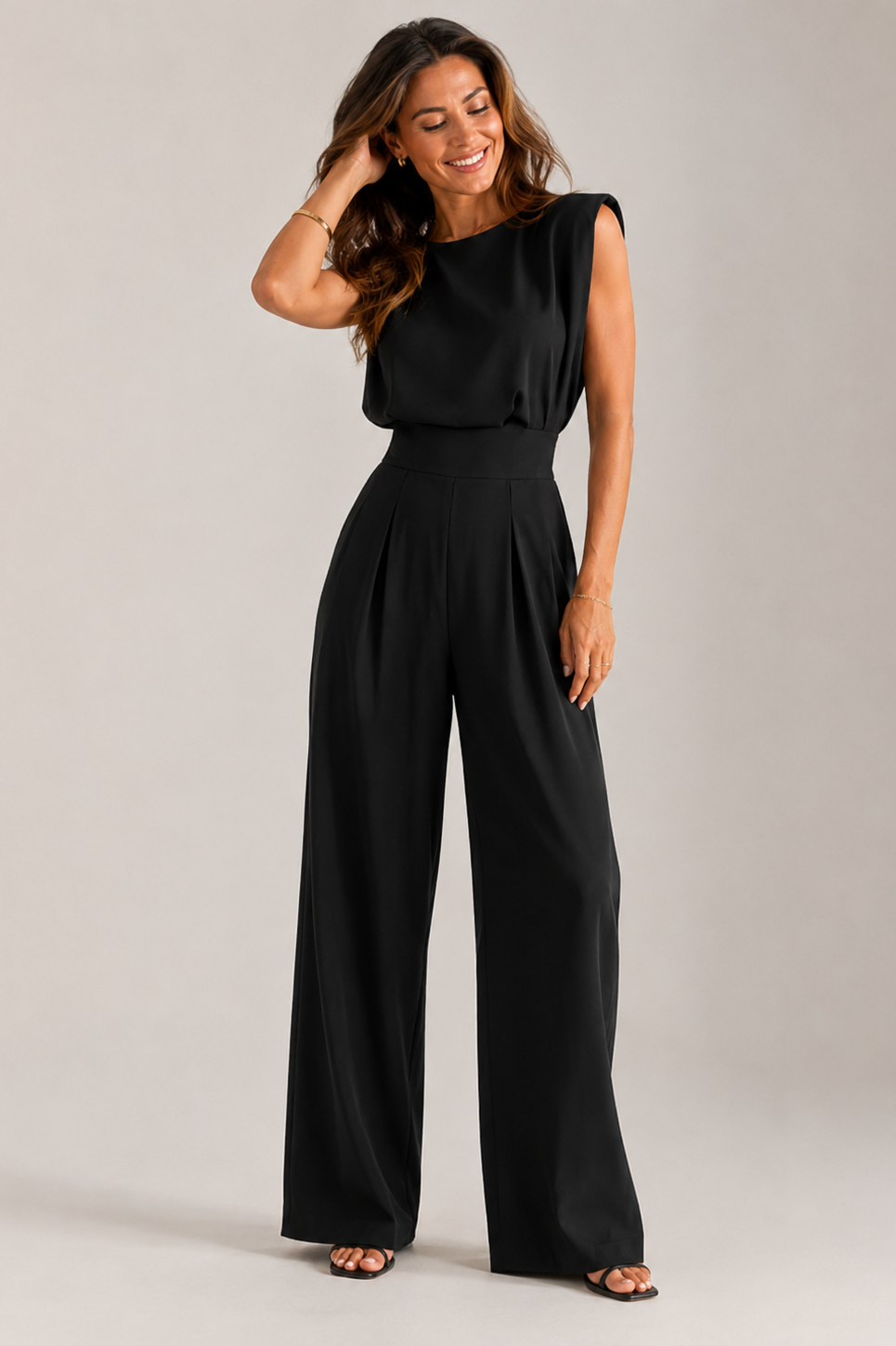 Women's mint green sleeveless wide-leg jumpsuit with crew neck