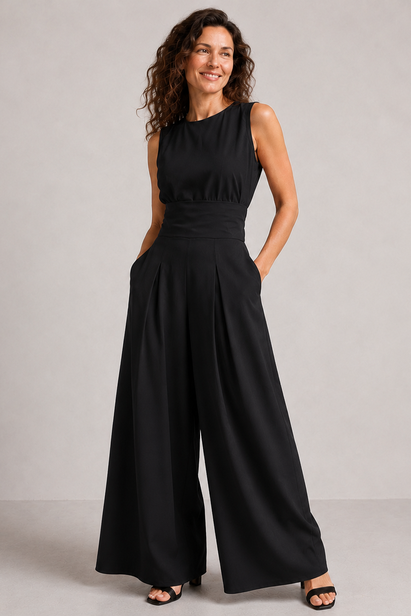 Women's sleeveless turtleneck jumpsuit in olive green and cream, wide-leg tailored trousers, high waist.